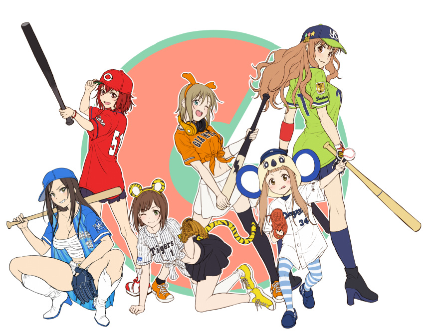 6+girls :d all_fours animal_costume animal_ears bangs baseball baseball_bat baseball_cap baseball_glove baseball_uniform beats_by_dr._dre black_hair black_legwear black_skirt blue_legwear blue_skirt blunt_bangs blush boots breasts brown_eyes brown_hair chunichi_dragons cleavage clothes_writing commentary_request cosplay gloves green_eyes hairband hanshin_tigers hat headphones headphones_around_neck highres hiroshima_touyou_carp ichihara_nina idolmaster idolmaster_cinderella_girls kigurumi knee_boots kneehighs large_breasts long_hair looking_at_viewer looking_back maekawa_miku mismatched_legwear moroboshi_kirari mukai_takumi multiple_girls murakami_tomoe navel nigou nippon_professional_baseball one_eye_closed open_clothes open_mouth open_shirt oversized_clothes paw_pose redhead sarashi shirt shoes short_hair single_thighhigh skirt smile sneakers sportswear squatting striped striped_legwear tada_riina tail thigh-highs tied_shirt tiger_ears tiger_tail tokyo_yakult_swallows white_boots white_legwear white_shirt yokohama_dena_baystars yomiuri_giants