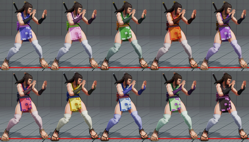 1girl 3d alternate_color alternate_costume alternate_hairstyle capcom fighting_stance ibuki_(street_fighter) multiple_views sandals street_fighter street_fighter_v thigh-highs toned variations