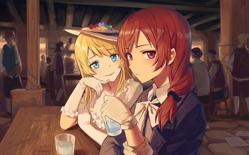 2girls ayase_eli bangs black_jacket blue_eyes blush collared_shirt cup dress drinking_glass flower formal frilled_dress frills glass gloves hair_over_shoulder hand_on_own_cheek hat hat_flower head_tilt highres huanxiang_heitu indoors jacket long_hair looking_at_viewer looking_to_the_side love_live! love_live!_school_idol_project multiple_girls necktie nishikino_maki people ponytail scrunchie shirt short_hair sleeves_folded_up smile table white_dress white_gloves white_shirt