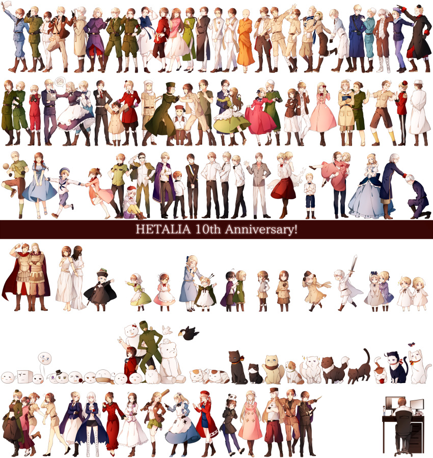 6+boys 6+girls ahoge america_(hetalia) ancient_egypt_(hetalia) ancient_greece_(hetalia) animal anniversary arm_up arrow australia_(hetalia) austria_(hetalia) axis_powers_hetalia baseball_bat belarus_(hetalia) belgium_(hetalia) belt belt_buckle beret bird black_gloves black_hat black_legwear blonde_hair blue_bow blue_bowtie blue_dress blue_eyes blue_pants boots bow bowtie breastplate breasts brown_boots brown_gloves brown_hair brown_jacket brown_pants buckle bulgaria_(hetalia) butterfly buttons cameroon_(hetalia) canada_(hetalia) carthage_(hetalia) cat chair character_request china_(hetalia) cleavage coat collarbone computer cross crossed_arms cuba_(hetalia) cube cyprus_(hetalia) czech_republic_(hetalia) denmark_(hetalia) desk double-breasted drawer dress ecuador_(hetalia) egypt_(hetalia) estonia_(hetalia) everyone finland_(hetalia) france_(hetalia) from_behind german_flag germania_(hetalia) germany_(hetalia) gloves greece_(hetalia) green_dress green_pants green_skirt hair_ribbon hand_on_hip hat highres holding holding_sword holding_weapon holy_roman_empire_(hetalia) hong_kong_(hetalia) hungary_(hetalia) hutt_river_(hetalia) iceland_(hetalia) india_(hetalia) jacket japan_(hetalia) knee_boots kneehighs kneeling knights_templar_(hetalia) korea_(hetalia) kugelmugel_(hetalia) ladonia_(hetalia) latvia_(hetalia) liechtenstein_(hetalia) lithuania_(hetalia) long_hair long_skirt long_sleeves luxembourg_(hetalia) macau_(hetalia) mexico_(hetalia) midriff military military_uniform miya_(izumi369) moldova_(hetalia) molossia_(hetalia) monaco_(hetalia) multiple_boys multiple_girls navel necktie netherlands_(hetalia) new_zealand_(hetalia) nikoniko_republic_(hetalia) northern_cyprus_(hetalia) northern_italy_(hetalia) norway_(hetalia) open_clothes open_jacket open_mouth osaka_(hetalia) pants pantyhose paraguay_(hetalia) peaked_cap persia_(hetalia) petting picardy_(hetalia) pink_dress pleated_skirt pointing poland_(hetalia) pontus_(hetalia) portugal_(hetalia) principality_of_seborga_(hetalia) principality_of_wy_(hetalia) profile prussia_(hetalia) purple_dress red_bow red_bowtie red_coat red_dress red_hat red_necktie red_pants ribbon romania_(hetalia) rome_(hetalia) russia_(hetalia) sealand_(hetalia) seychelles_(hetalia) shelf short_hair skirt slovakia_(hetalia) smile southern_italy_(hetalia) spain_(hetalia) speech_bubble standing standing_on_one_leg stomach sweden_(hetalia) switzerland_(hetalia) sword taiwan_(hetalia) thailand_(hetalia thailand_(hetalia) thigh-highs tibet_(hetalia) tonga_(hetalia) turkey_(hetalia) twintails ukraine_(hetalia) uniform united_kingdom_(hetalia) unsheathed very_short_hair vietnam_(hetalia) waving weapon white_apron white_legwear white_skirt wool yellow_legwear zettai_ryouiki