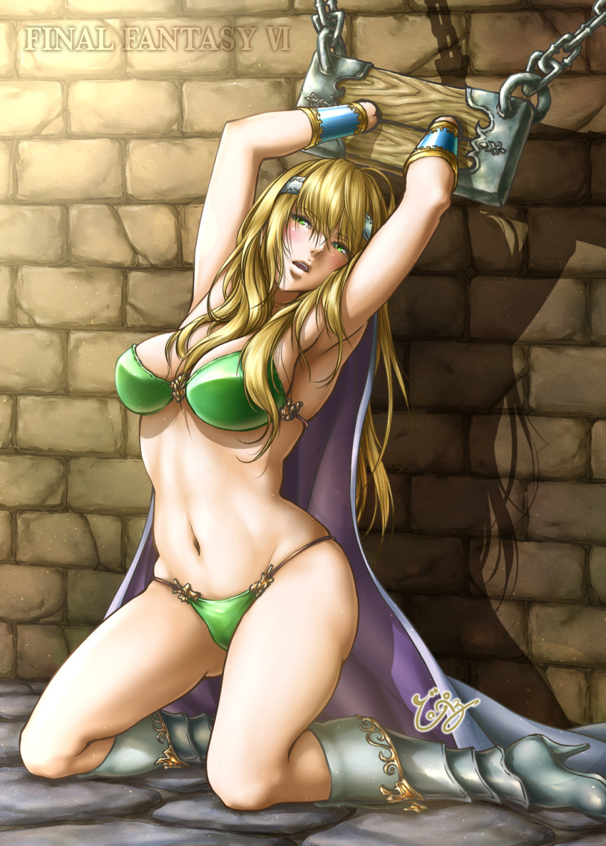 1girl adapted_costume armor armpits arms_up bdsm bikini_armor blonde_hair bondage boots bracer breasts cape celes_chere chains cleavage copyright_name dungeon final_fantasy final_fantasy_vi green_eyes headband highres knee_boots kneeling long_hair navel open_mouth restrained rioreo solo stocks