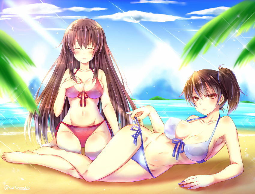 2girls akagi_(kantai_collection) alternate_costume arm_support armpits bare_arms bare_legs beach bikini blue_bikini blurry breasts brown_eyes brown_hair cleavage closed_eyes clouds cloudy_sky collarbone colored_eyelashes depth_of_field fingernails front-tie_top groin highres kaga_(kantai_collection) kantai_collection kirise long_hair looking_at_viewer lying md5_mismatch medium_breasts midriff multiple_girls nail_polish navel on_side outdoors red_bikini shiny shiny_skin short_hair side-tie_bikini side_ponytail signature sitting sky smile swimsuit thigh_gap wide_hips
