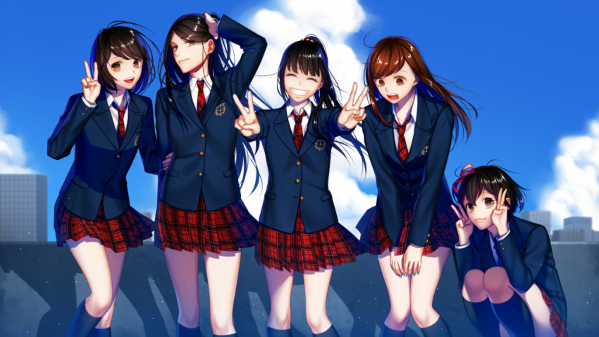 5girls :3 :d arkray arm_holding arm_up bangs blazer blue_jacket blue_legwear blue_sky breasts brown_hair building buttons closed_mouth clouds collared_shirt commentary_request double_v eyebrows eyebrows_visible_through_hair flat_chest floating_hair grin hair_ornament hair_ribbon hair_tucking hand_on_another's_arm hand_on_own_head hand_up jacket kneehighs knees_together_feet_apart legs_apart light_particles long_hair long_sleeves looking_at_viewer looking_down multiple_girls necktie one_side_up open_mouth outdoors outstretched_arms pink_ribbon plaid plaid_necktie plaid_skirt pleated_skirt ponytail red_necktie red_skirt ribbon school_uniform shadow shirt short_hair skirt skirt_tug sky small_breasts smile squatting stagette standing straight_hair swept_bangs v v_arms white_shirt wind yellow_eyes