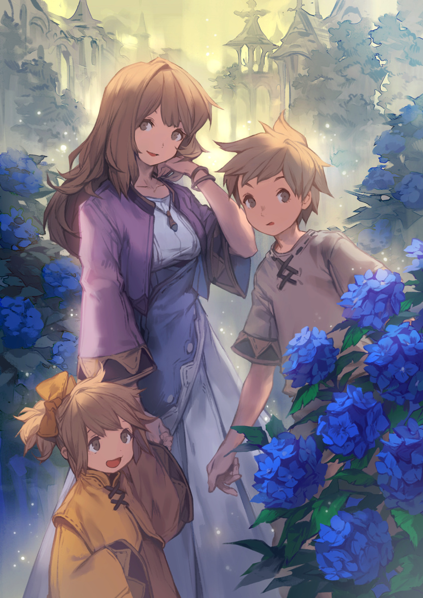 1girl 2boys brown_eyes brown_hair family flower hand_holding highres hydrangea lee_hyeseung mother_and_son multiple_boys original ponytail smile tied_hair wide_sleeves