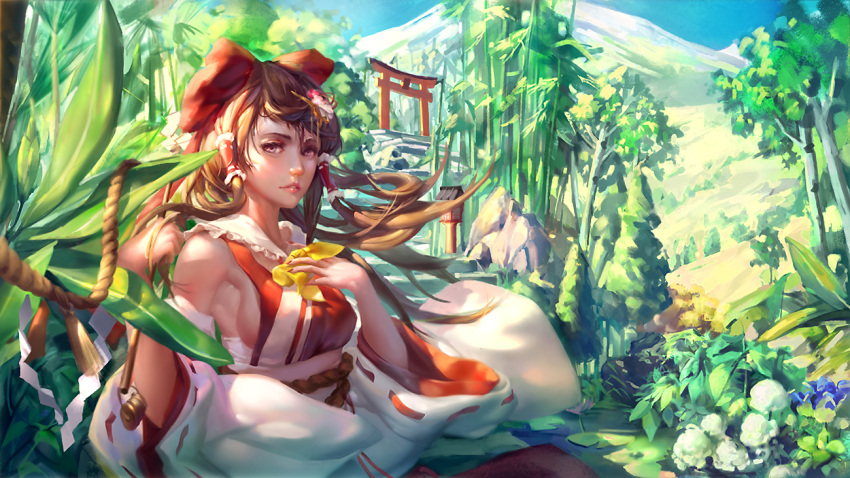 1girl bamboo bangs blue_flower bow breasts brown_hair coin cravat detached_sleeves floating_hair flower frills gohei hair_bow hair_ornament hair_tubes hakurei_reimu hand_on_own_chest holding japanese_clothes lake leaf lily_pad looking_at_viewer money mountain nail_polish outdoors parted_lips polskash red_bow red_nails red_ribbon ribbon ribbon-trimmed_sleeves ribbon_trim rock rope sash shade shimenawa sideboob solo stairs swept_bangs tassel torii touhou tree upper_body water white_flower wide_sleeves wind wings yellow_flower