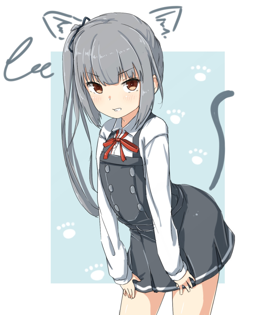 1girl ame-rain animal_ears annoyed black_clothes blouse blue_background blush brown_eyes buttons cat_ears cat_tail clenched_teeth dress fourth_wall highres kantai_collection kasumi_(kantai_collection) leaning_forward long_hair long_sleeves looking_at_viewer neck_ribbon paw_print pinafore_dress red_ribbon ribbon school_uniform side_ponytail silver_hair solo tail teeth white_blouse