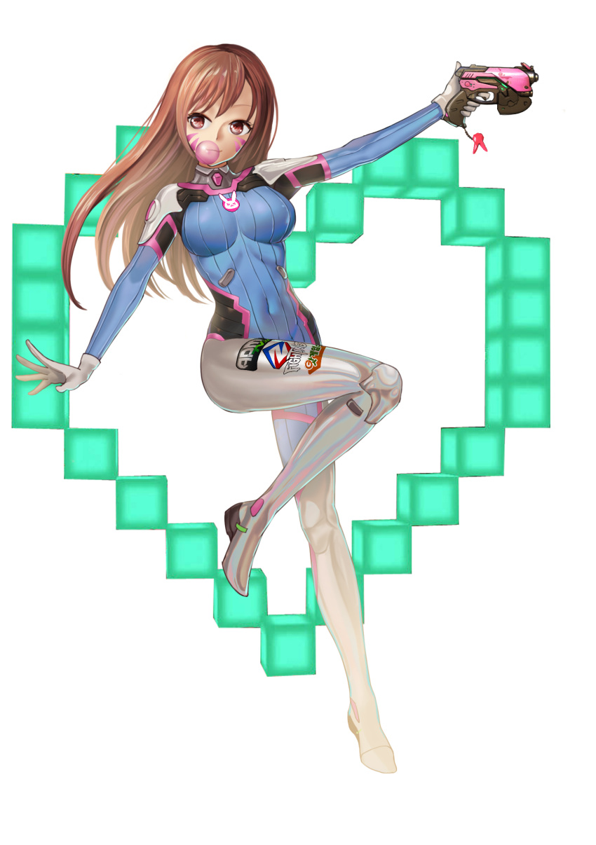 1girl absurdres bangs bodysuit breasts brown_eyes brown_hair bubblegum charm_(object) clothes_writing covered_navel d.va_(overwatch) emblem facial_mark finger_on_trigger full_body gloves gun handgun headphones heart highres holding holding_gun holding_weapon kyoungi long_hair looking_at_viewer medium_breasts one_leg_raised overwatch pilot_suit pistol pixel_heart simple_background smile solo swept_bangs weapon whisker_markings white_background white_gloves