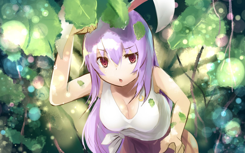 &gt;:o 1girl :o alternate_costume animal_ears asymmetrical_eyebrows bare_shoulders breasts cleavage lavender_hair leaning_forward long_hair looking_at_viewer medium_breasts plant rabbit_ears red_eyes reisen_udongein_inaba shirt side-tie_shirt sleeveless solo tank_top tied_shirt touhou twilightrain