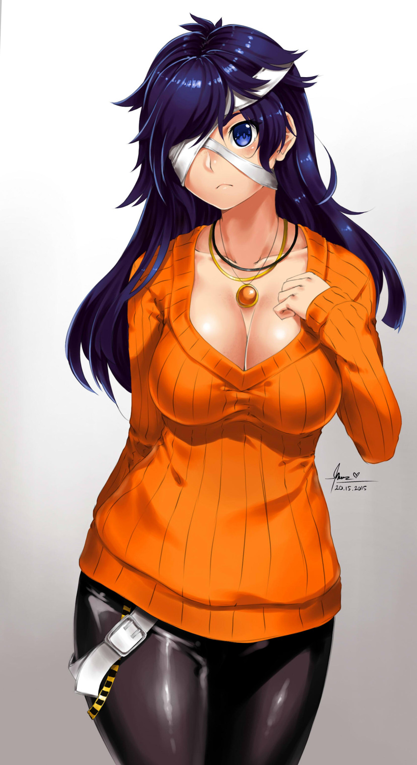 1girl 2015 absurdres bandage_over_one_eye bangs belt black_pants blue_eyes blue_hair breasts cleavage closed_mouth collarbone cowboy_shot dated gradient gradient_background hand_on_own_chest heart highres jewelry large_breasts long_hair long_sleeves looking_at_viewer lulu-chan92 matching_hair/eyes necklace orange_sweater original pants pendant shadow signature solo sweater two-tone_background