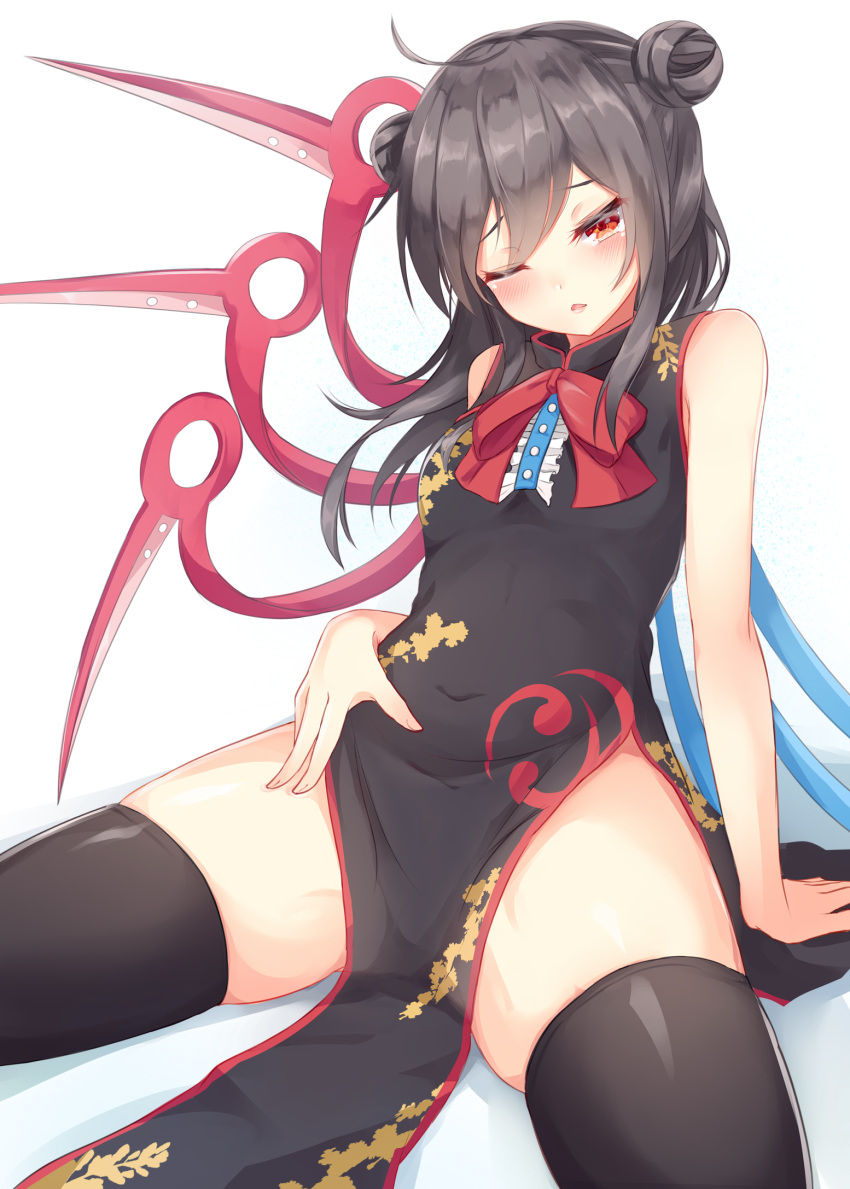 1girl alternate_costume alternate_hairstyle arm_support asymmetrical_wings black_hair black_legwear blush bow china_dress chinese_clothes covered_navel double_bun dress half-closed_eye highres houjuu_nue igakusei looking_at_viewer one_eye_closed pelvic_curtain red_bow red_eyes simple_background sitting skindentation solo spread_legs tareme thigh-highs touhou white_background wings