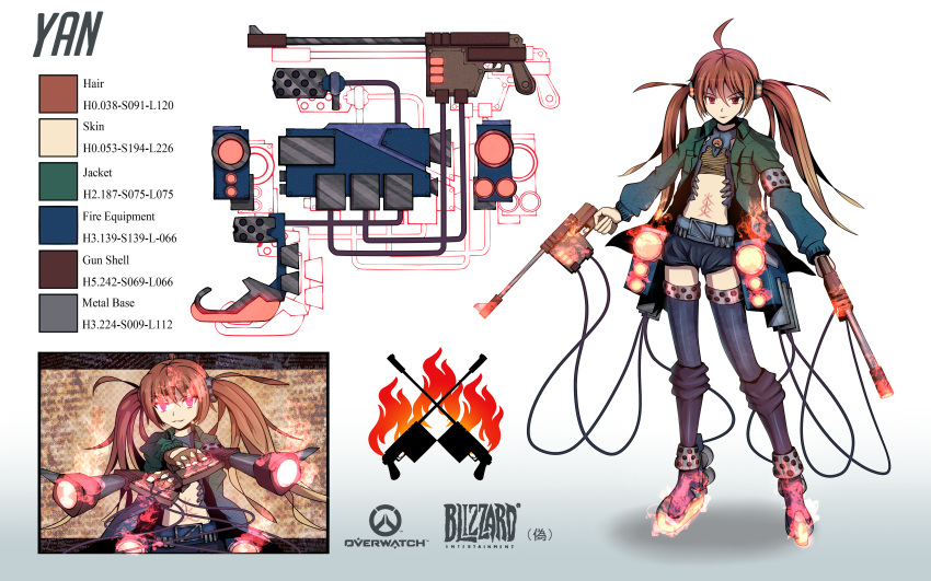1girl absurdres blizzard_(company) brown_hair character_profile character_sheet copyright_name gun highres langjiao long_hair midriff original overwatch red_eyes solo thigh-highs twintails weapon