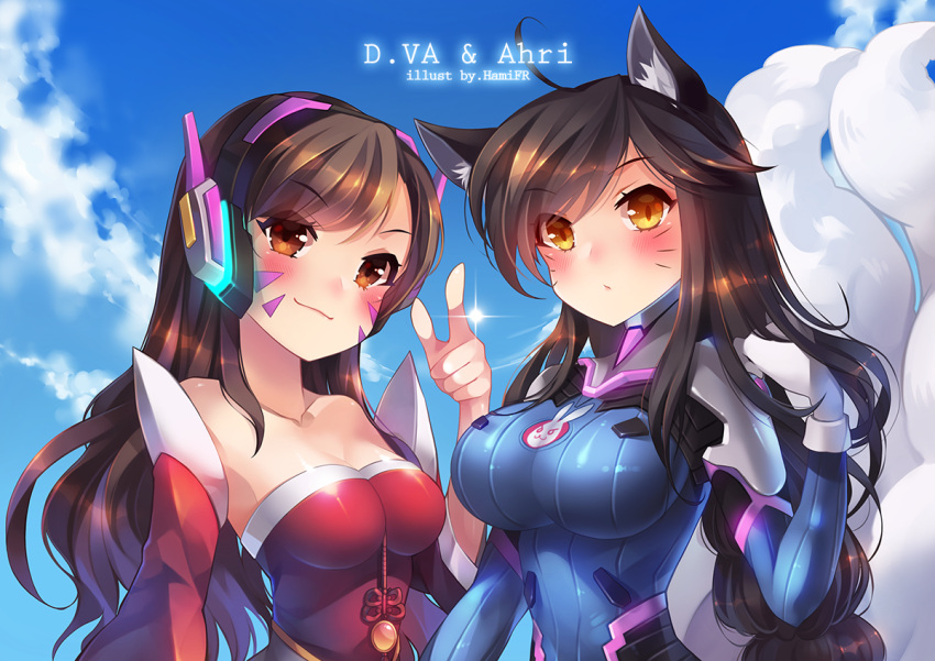 2girls ahoge ahri ahri_(cosplay) animal_ears bangs bare_shoulders blizzard_(company) blush bodysuit breasts brown_eyes brown_hair cleavage cosplay costume_switch d.va_(overwatch) d.va_(overwatch)_(cosplay) detached_sleeves facial_mark fox_ears fox_tail hamifr headphones impossible_clothes korean_clothes large_breasts league_of_legends long_hair looking_at_viewer multiple_girls overwatch pilot_suit riot_games smile swept_bangs tail whisker_markings