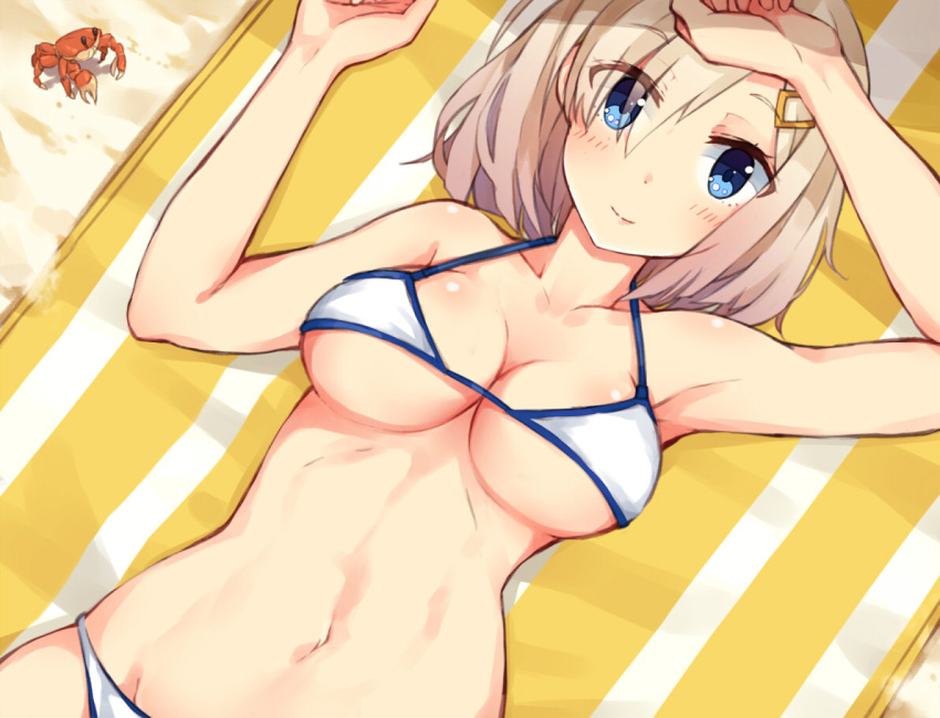 1girl alternate_costume arm_at_side armpits bare_shoulders beach bikini breasts collarbone crab eyes_visible_through_hair from_above hair_over_one_eye halterneck hamakaze_(kantai_collection) hand_on_forehead kantai_collection large_breasts looking_at_viewer lying maruhana micro_bikini midriff navel on_back sand silver_hair smile striped_towel swimsuit under_boob upper_body white_bikini yellow_towel