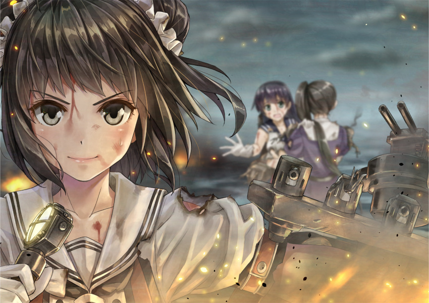3girls agano_(kantai_collection) asymmetrical_hair belt black_hair blood blood_on_face blurry blush breasts brown_eyes brown_hair burnt_clothes cannon closed_mouth collarbone commentary_request depth_of_field double_bun fire flame gloves green_eyes holding horizon hug injury jacket kantai_collection kotatsu_(kotatsu358) large_breasts light long_hair looking_at_viewer machinery microphone multiple_girls nachi_(kantai_collection) naka_(kantai_collection) ocean open_mouth outdoors outstretched_arm ponytail puffy_short_sleeves puffy_sleeves purple_hair purple_jacket school_uniform scratches serafuku shirt short_hair short_sleeves side_ponytail skirt sleeveless sleeveless_shirt smile teardrop torn_clothes turret water white_gloves white_shirt