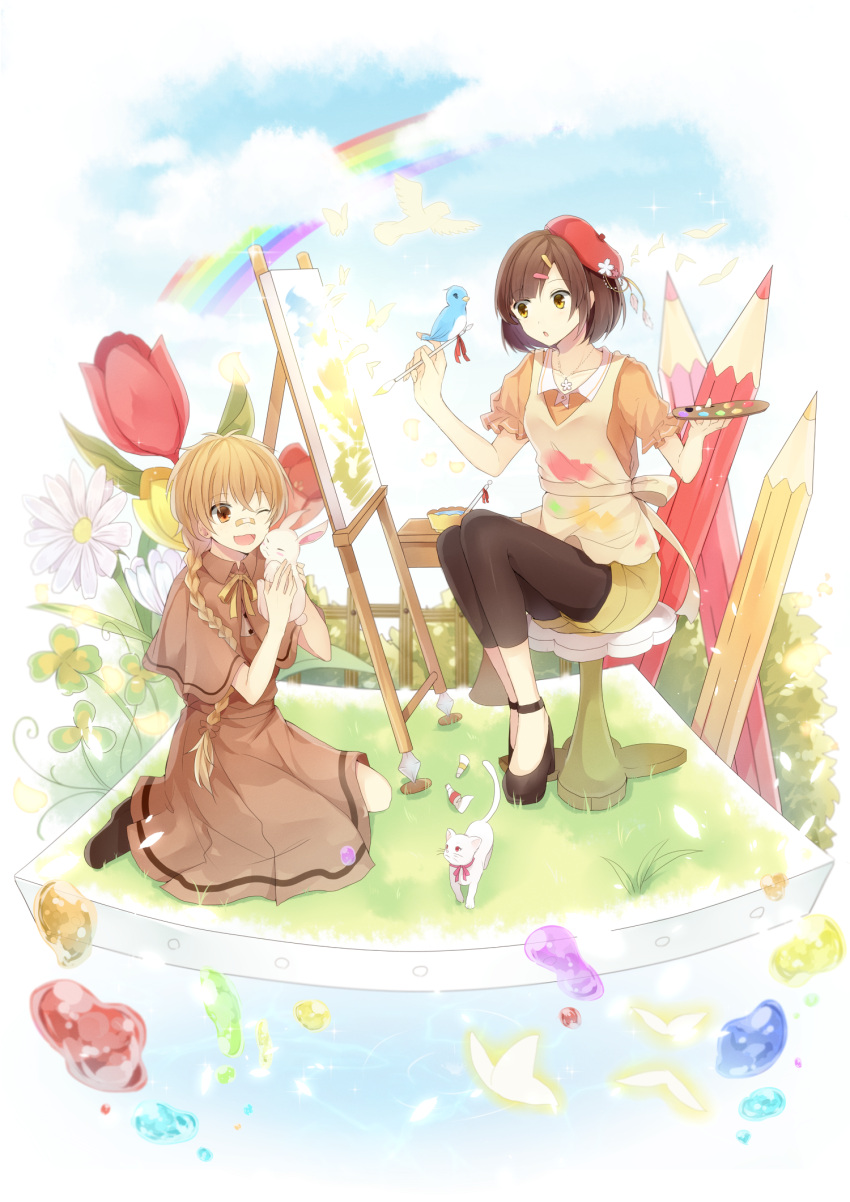 2girls animal bandaid bandaid_on_knee bangs bird blonde_hair blue_sky braid breasts brown_hair brown_skirt capelet cat chair clouds cloudy_sky collage crayon dress flower frilled_sleeves frills grass hair_ornament hair_over_shoulder hair_ribbon hairclip hat highres hiiragi_souren holding holding_animal jewelry long_hair medium_breasts multiple_girls necklace one_eye_closed open_mouth original painting painting_(object) rabbit rainbow ribbon shoes short_hair short_sleeves shorts single_braid sitting skirt sky smile sparkle thigh-highs tress-ribbon tress_ribbon wariza yellow_eyes yellow_ribbon yellow_shorts