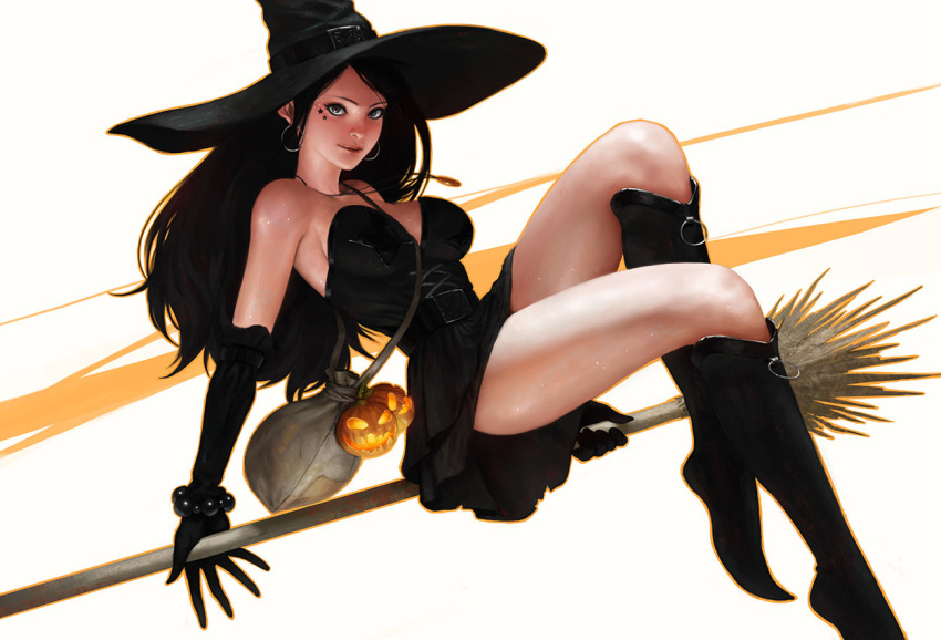 1girl bag black_boots black_hair boots broom broom_riding earrings elbow_gloves gloves hat jack-o'-lantern jewelry knee_boots long_hair necklace skirt solo syar syar_page witch witch_hat
