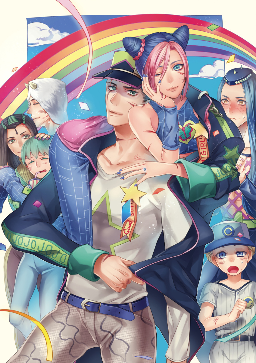 baseball_cap baseball_uniform belt black_hair blonde_hair blue_eyes blue_hair blue_nails blush carrying_over_shoulder chains clouds coat collarbone double_bun drink drinking_straw emporio_alnino ermes_costello father_and_daughter foo_fighters green_eyes green_hair hairlocs hand_on_another's_head hands_together hat head_rest highres horns interlocked_fingers jewelry jojo_no_kimyou_na_bouken kesaharus kuujou_jolyne kuujou_joutarou long_hair multicolored_hair nail_polish narciso_anasui open_mouth pink_hair purple_nails rainbow ribbon ring scar scar_across_eye short_hair sportswear star striped two-tone_hair wavy_mouth weather_report white_hair yellow_eyes