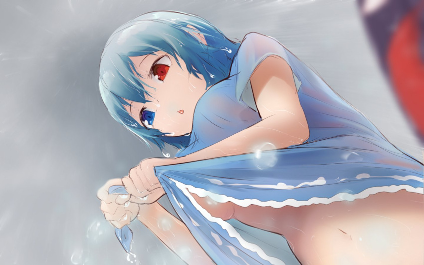 1girl bangs blue_dress blue_eyes blunt_bangs breasts clothes_lift dress from_below heterochromia lifted_by_self medium_breasts navel no_bra red_eyes see-through_silhouette short_hair short_sleeves solo tatara_kogasa touhou triangle_mouth twilightrain under_boob wet wet_clothes wet_hair wringing_clothes