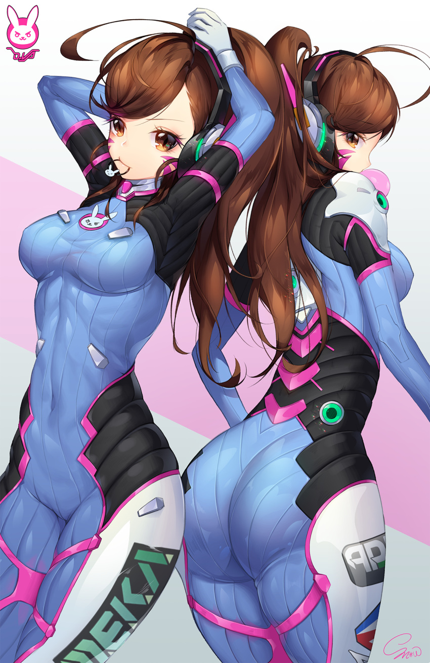 1girl ahoge arms_up artist_name ass blush bodysuit breasts brown_eyes brown_hair bubblegum character_name closed_mouth cowboy_shot d.va_(overwatch) facepaint facial_mark from_behind glowing hair_tie headphones highres legs_together long_hair looking_back medium_breasts mouth_hold overwatch profile signature skin_tight snow_is_ standing whisker_markings