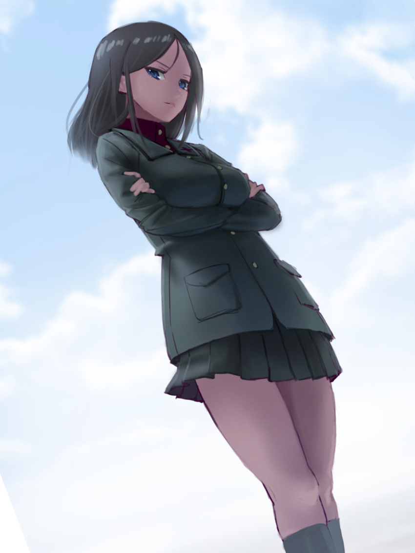 1girl blue_eyes breasts brown_hair clouds crossed_arms dutch_angle girls_und_panzer hettsuaa highres looking_at_viewer looking_down military military_uniform miniskirt nonna pleated_skirt skirt socks solo thighs uniform