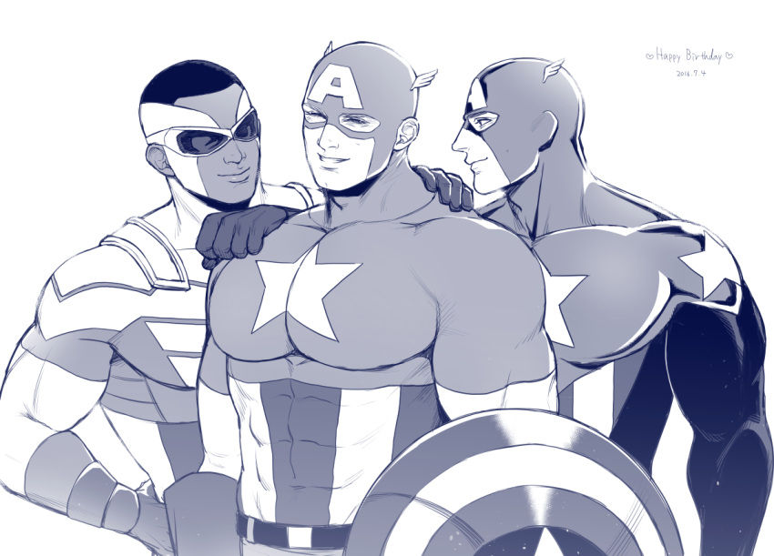 3boys abs captain_america character_request happy_birthday male_focus marvel mask monochrome multiple_boys muscle pecs smile tagme teeth white_background