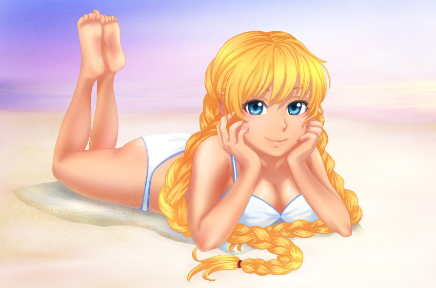 1girl bikini blonde_hair blue_eyes breasts everlasting_summer long_hair orikanekoi sand slavya-tan smile solo swimsuit