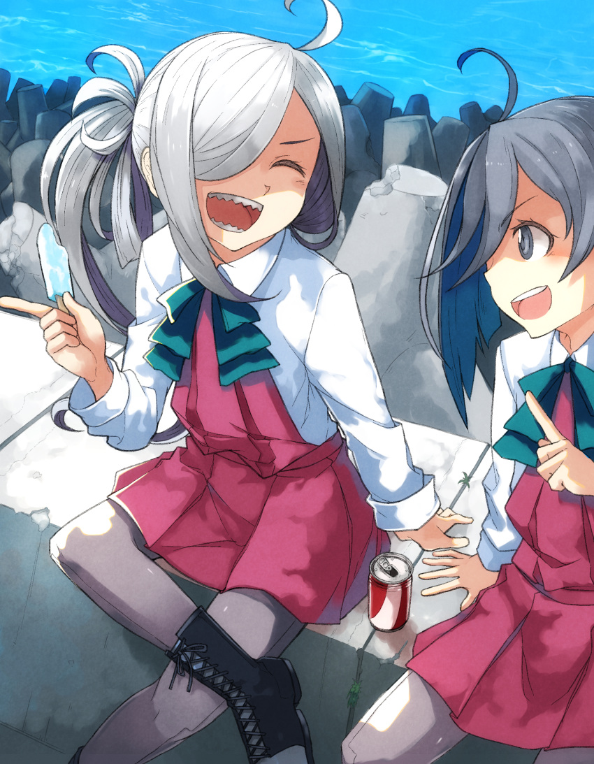 2girls absurdres ahoge asashimo_(kantai_collection) black_boots blouse blue_hair boots can closed_eyes cross-laced_footwear dress green_hair grey_hair grey_legwear hair_over_one_eye highres index_finger_raised kantai_collection kiyoshimo_(kantai_collection) lace-up_boots legs_crossed long_hair long_sleeves multicolored_hair multiple_girls open_mouth pantyhose ponytail popsicle school_uniform sharp_teeth shirt silver_hair sitting skirt sleeveless sleeveless_dress smile teeth umoo_futon water white_legwear white_shirt