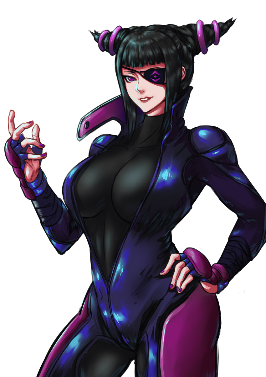 1girl absurdres biker_clothes bikesuit black_hair breasts capcom dacapo drill_hair eyepatch han_juri highres large_breasts nail_polish solo street_fighter street_fighter_v twin_drills undershirt