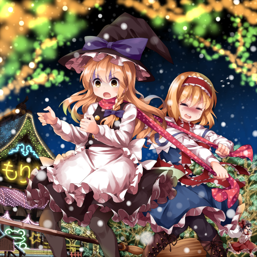3girls alice_margatroid apron asphyxiation blonde_hair boots bow braid broom broom_riding brown_hair capelet carrying choking christmas christmas_lights christmas_tree cross-laced_footwear d: d:&lt; decorations detached_sleeves dress flying_sweatdrops frog hair_bow hakurei_reimu hat highres kirisame_marisa knee_boots lace-up_boots loafers long_hair long_sleeves mask moriya_shrine multiple_girls neon_lights night night_sky open_mouth pantyhose round_teeth running ruu_(tksymkw) sack scared scarf shoes short_hair shoulder_carry side_braid single_braid skirt skirt_set sky star star_(sky) starry_sky sweat teeth touhou turn_pale very_long_hair vest waist_apron witch_hat yellow_eyes