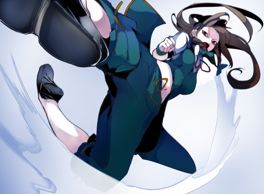 &gt;:o 1girl :o action alternate_eye_color alternate_hair_color beret black_shoes bow braid brown_hair clenched_hand collared_shirt crop_top drawstring floating_hair from_below gradient gradient_background green_bow green_pants green_vest grey_background hair_bow hat hong_meiling ikurauni kicking legs_apart long_hair looking_at_viewer midriff motion_blur navel neck_ribbon no_socks open_mouth pants red_eyes red_ribbon ribbon ribbon-trimmed_clothes ribbon_trim shade shirt shoe_soles shoes short_sleeves side_braid solo stomach touhou twin_braids vest visible_air white_shirt wind wind_lift