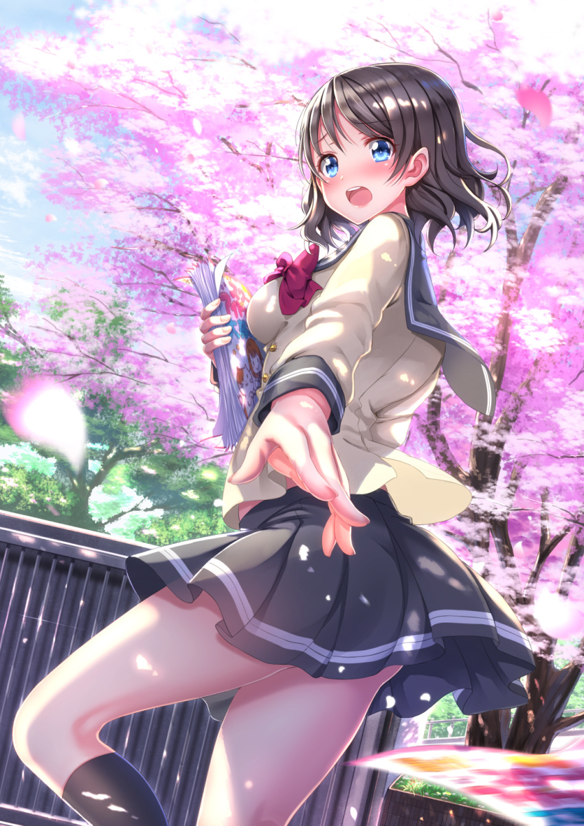 1girl black_legwear black_skirt blue_eyes blue_sky blush book brown_hair cherry_blossoms clouds cloudy_sky day eyebrows eyebrows_visible_through_hair eyes_visible_through_hair hair_between_eyes highres long_sleeves looking_at_viewer looking_back love_live! love_live!_sunshine!! manga_(object) open_mouth outdoors outstretched_hand petals pleated_skirt ribbon school_uniform serafuku short_hair skirt sky socks solo standing standing_on_one_leg swordsouls thigh-highs tree watanabe_you wind wind_lift zettai_ryouiki