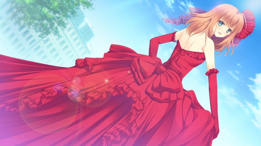 1girl blue_eyes bluette_nicolette_planquette dress female game_cg gloves happy jewelry long_hair nishimata_aoi orange_hair ribbon sky solo tsuki_ni_yorisou_otome_no_sahou