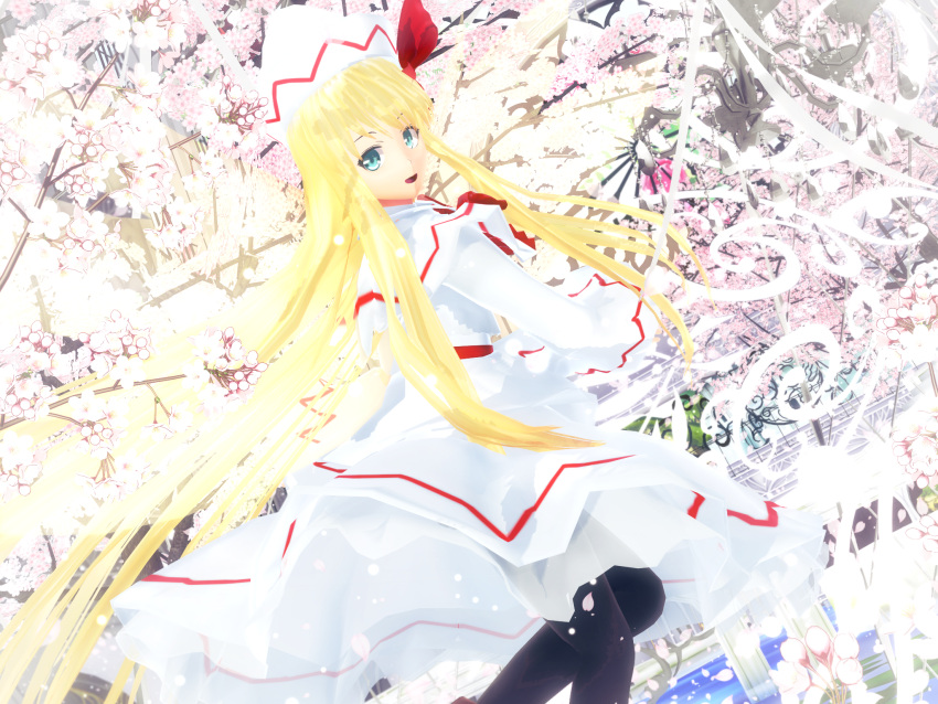 1girl blonde_hair dress flower highres kurogoma_(glassesgurasan) legwear lily_white long_hair mikumikudance solo touhou very_long_hair white_dress wings