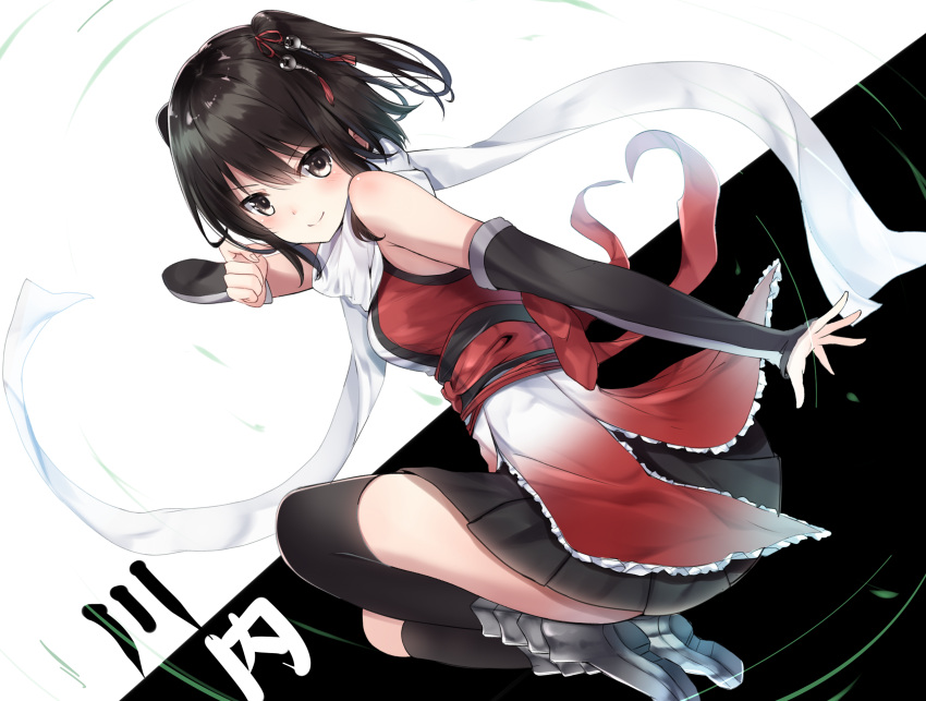 1girl asymmetrical_legwear bare_shoulders black_hair black_legwear black_skirt character_name detached_sleeves hair_ornament highres kantai_collection karumayu looking_at_viewer pleated_skirt remodel_(kantai_collection) scarf sendai_(kantai_collection) short_hair single_thighhigh skirt smile solo thigh-highs two_side_up white_scarf