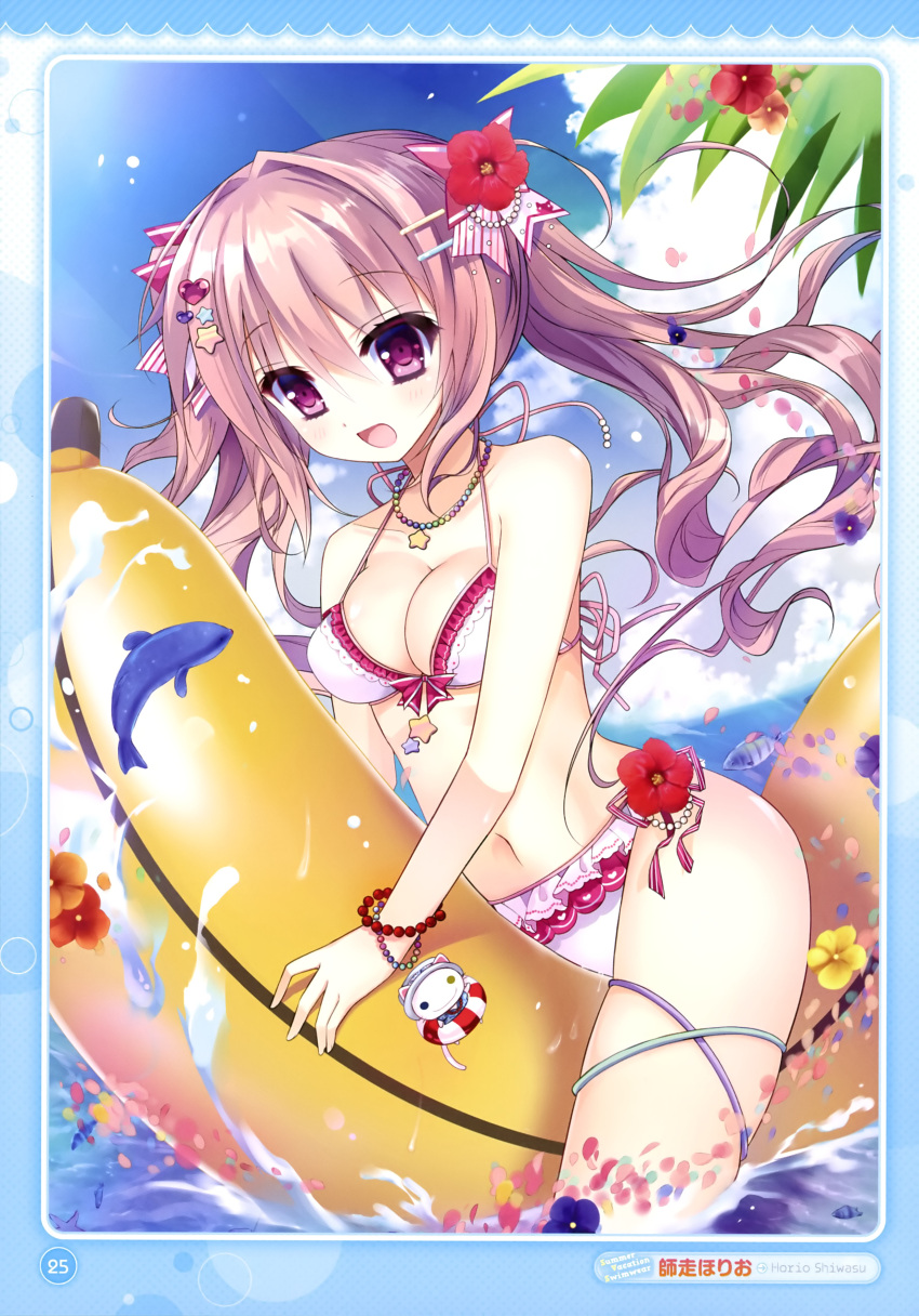 1girl absurdres bikini breasts brown_hair cleavage clouds collarbone day eyebrows eyebrows_visible_through_hair flower hair_flower hair_ornament highres jewelry long_hair medium_breasts navel necklace open_mouth original outdoors red_flower shiwasu_horio sky solo swimsuit violet_eyes water