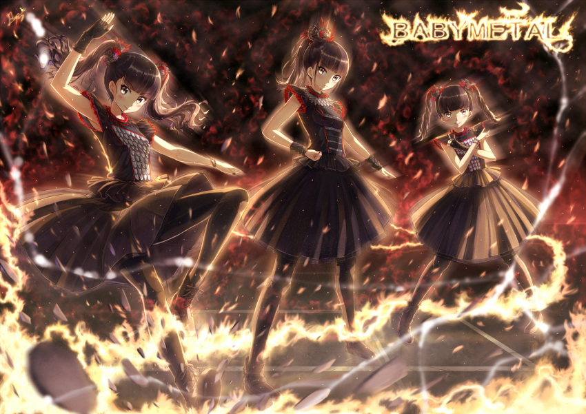 3girls ankle_lace-up babymetal bangs black_dress black_gloves black_hair black_legwear blunt_bangs boots commentary_request cross-laced_footwear dress drill_hair fingerless_gloves frills gloves highres kazeno kikuchi_moa lace-up_boots long_hair looking_at_viewer mizuno_yui multiple_girls nakamoto_suzuka pantyhose skirt twin_drills twintails