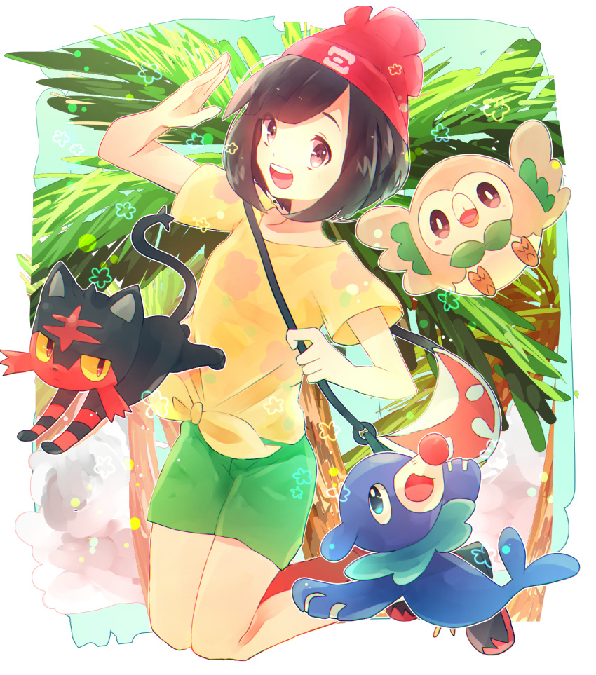 10s 1girl artist_request beanie female_protagonist_(pokemon_sm) litten looking_at_viewer pokemon pokemon_(game) pokemon_sm popplio rowlet tree