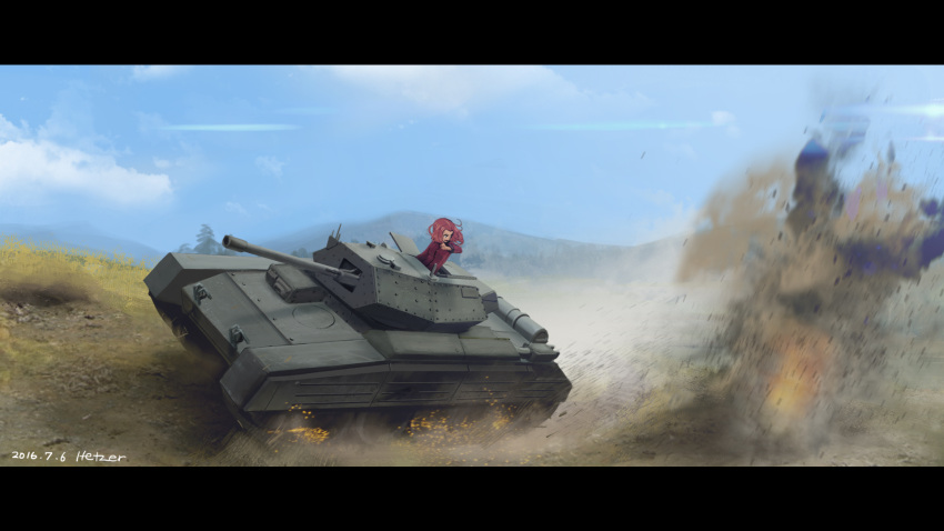 1girl action artist_name clouds crusader_(tank) dated dirt explosion girls_und_panzer ground_vehicle hettsuaa highres landscape letterboxed military military_uniform military_vehicle motor_vehicle mountain redhead rosehip scenery sky smoke solo sparks tank tree uniform