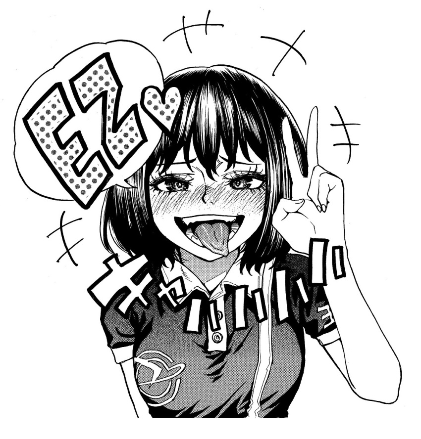 1girl bangs blush breasts commentary_request dead_by_daylight feng_min greyscale heart medium_breasts medium_hair monochrome mouth nib_pen_(medium) open_mouth polo_shirt smile solo takayama_akira tongue tongue_out traditional_media upper_body v