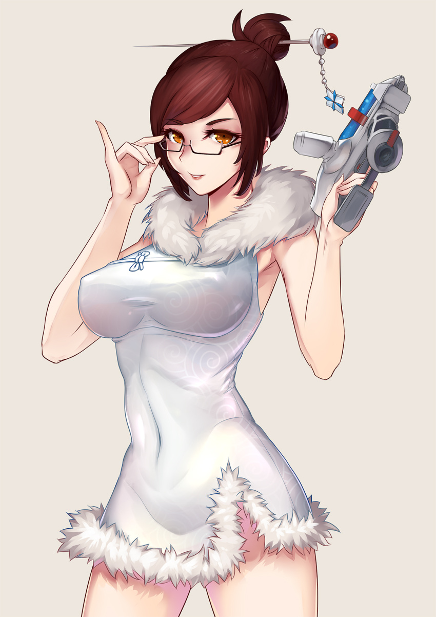 1girl adapted_costume armpits beige_background black-framed_eyewear breasts brown_eyes brown_hair china_dress chinese_clothes covered_navel cowboy_shot dress fur_collar fur_trim glasses gun hair_bun hair_ornament hair_stick hands_up highres holding holding_gun holding_weapon japanese_clothes kimono large_breasts liu_lan mei_(overwatch) overwatch red_lips semi-rimless_glasses short_hair side_slit simple_background sleeveless sleeveless_kimono solo standing thighs under-rim_glasses weapon
