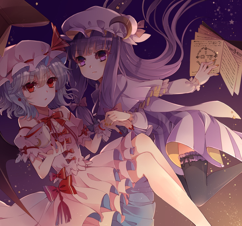 2girls baocaizi bat_wings black_legwear blue_hair book bow crescent_moon_symbol dress earrings hair_ribbon hat highres jewelry long_hair mob_cap multiple_girls nail_polish patchouli_knowledge purple_hair remilia_scarlet ribbon rose_earrings star thigh-highs touhou wings