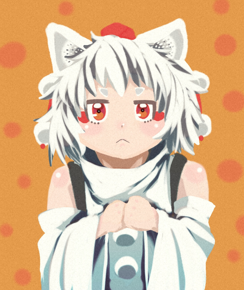 :&lt; animal_ears carte detached_sleeves hat highres inubashiri_momiji looking_at_viewer pom_pom_(clothes) pom_poms red_eyes short_hair tokin_hat touhou white_hair wolf_ears