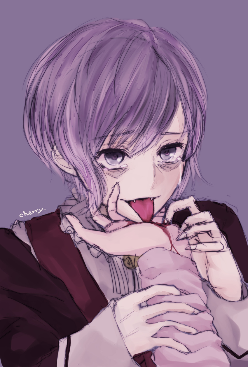 1boy 1girl bags_under_eyes blood cherry_dot collared_shirt crying diabolik_lovers fangs frills komori_yui licking loose_clothes out_of_frame purple_background purple_hair sakamaki_kanato school_uniform sharp_nails simple_background smile solo_focus tears tongue tongue_out uniform upper_body vampire violet_eyes