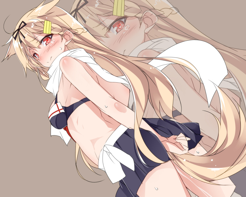 1girl bikini bikini_top black_bikini black_bikini_top black_ribbon black_skirt blonde_hair blush breasts dutch_angle hair_flaps hair_ribbon heart heart-shaped_pupils kantai_collection long_hair looking_at_viewer medium_breasts mtu_(orewamuzituda) red_eyes remodel_(kantai_collection) ribbon scarf simple_background sketch skirt solo sweat swimsuit symbol-shaped_pupils tail tears wavy_mouth white_scarf yuudachi_(kantai_collection)