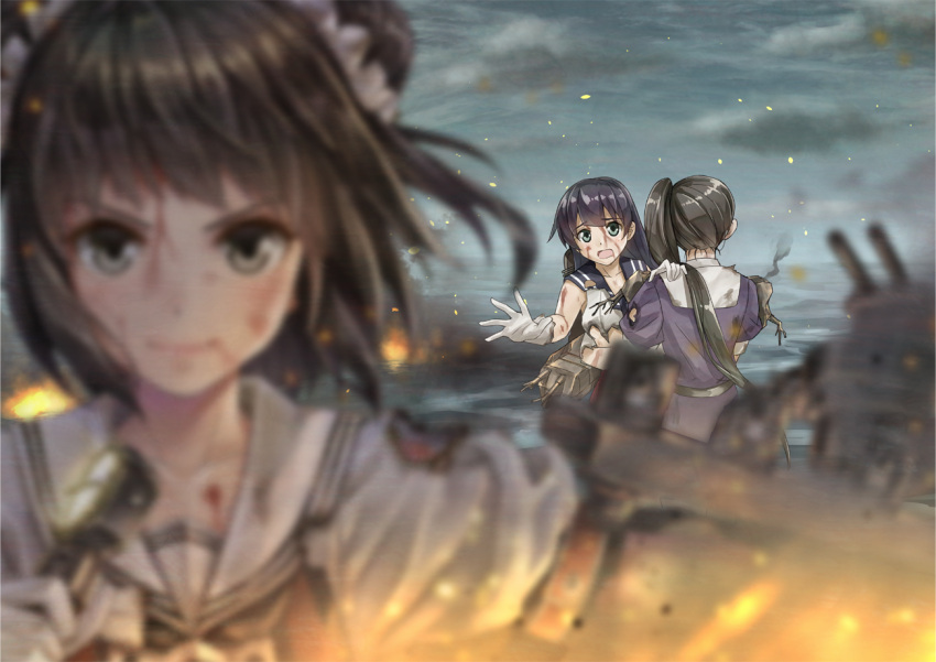 3girls agano_(kantai_collection) asymmetrical_hair belt black_hair blurry brown_hair burnt_clothes cannon closed_mouth collarbone depth_of_field double_bun fire flame gloves green_eyes holding horizon hug injury jacket kantai_collection kotatsu_(kotatsu358) light long_hair looking_at_viewer machinery multiple_girls nachi_(kantai_collection) naka_(kantai_collection) ocean outdoors outstretched_arm puffy_short_sleeves puffy_sleeves purple_hair purple_jacket scratches shirt short_hair short_sleeves side_ponytail sleeveless sleeveless_shirt smile teardrop turret water white_gloves white_shirt