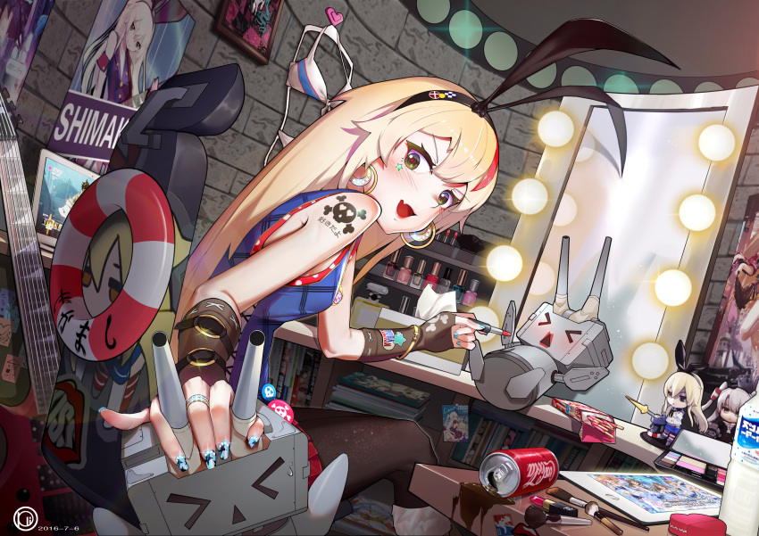 &gt;:d &gt;_&lt; 1girl 2016 :d absurdres ai_ai_gasa alternate_costume alternate_hair_color amatsukaze_(kantai_collection) applying_makeup arm_tattoo asanagi badge bangs belt bikini black_bow black_gloves black_legwear blonde_hair blue_nails blurry blush body_writing book book_stack bookshelf bottle bow box bracelet breasts brick_wall button_badge cameo can chair chanel character_doll character_name closed_eyes clothes_hanger clothes_removed coca-cola computer copyright_name copyright_request cross-laced_clothes crossover dated depth_of_field drink dungeon_ni_deai_wo_motomeru_no_wa_machigatteiru_darou_ka dutch_angle earrings electric_guitar eyelashes facial_mark fang figure fingerless_gloves fingernails fleeing food frame from_side front-tie_bikini front-tie_top futaba_anzu glint gloves guitar hair_between_eyes hairband hanzo_(overwatch) hatsune_miku heart heart-shaped_box highres holding honda_mio hoop_earrings idolmaster idolmaster_cinderella_girls idolmaster_cinderella_girls_starlight_stage indoors instrument jewelry kantai_collection lamp laptop lens_flare lifebuoy light_bulb lipstick lipstick_mark lipstick_tube long_fingernails long_hair looking_at_viewer makeup makeup_brush manga_(object) mei_(overwatch) microphone miniskirt mirror moroboshi_kirari multicolored_hair multiple_crossover nail_art nail_polish nail_polish_bottle note office_chair oop open_mouth overwatch paintbrush pantyhose perfume_bottle pharah_(overwatch) pink_lipstick pinky_out plaid pleated_skirt pocky polka_dot poster_(object) product_placement project_diva_(series) reaper_(overwatch) red_lips red_lipstick red_skirt redhead reflection rensouhou-chan ring rouge_(makeup) shibuya_rin shimakaze_(kantai_collection) shimamura_uzuki shirt shouhou_(kantai_collection) shoukaku_(kantai_collection) siblings silhouette sisters sitting skirt skull_and_crossbones sleeveless sleeveless_shirt small_breasts smile soda_can sparkle spill star star_print sticker streaked_hair swimsuit table tablet tattoo tell_your_world_(vocaloid) tiona_hyryute tione_hyryute tissue tissue_box tracer_(overwatch) video_game vocaloid water_bottle white_bikini world_is_mine_(vocaloid) yellow_eyes zipper