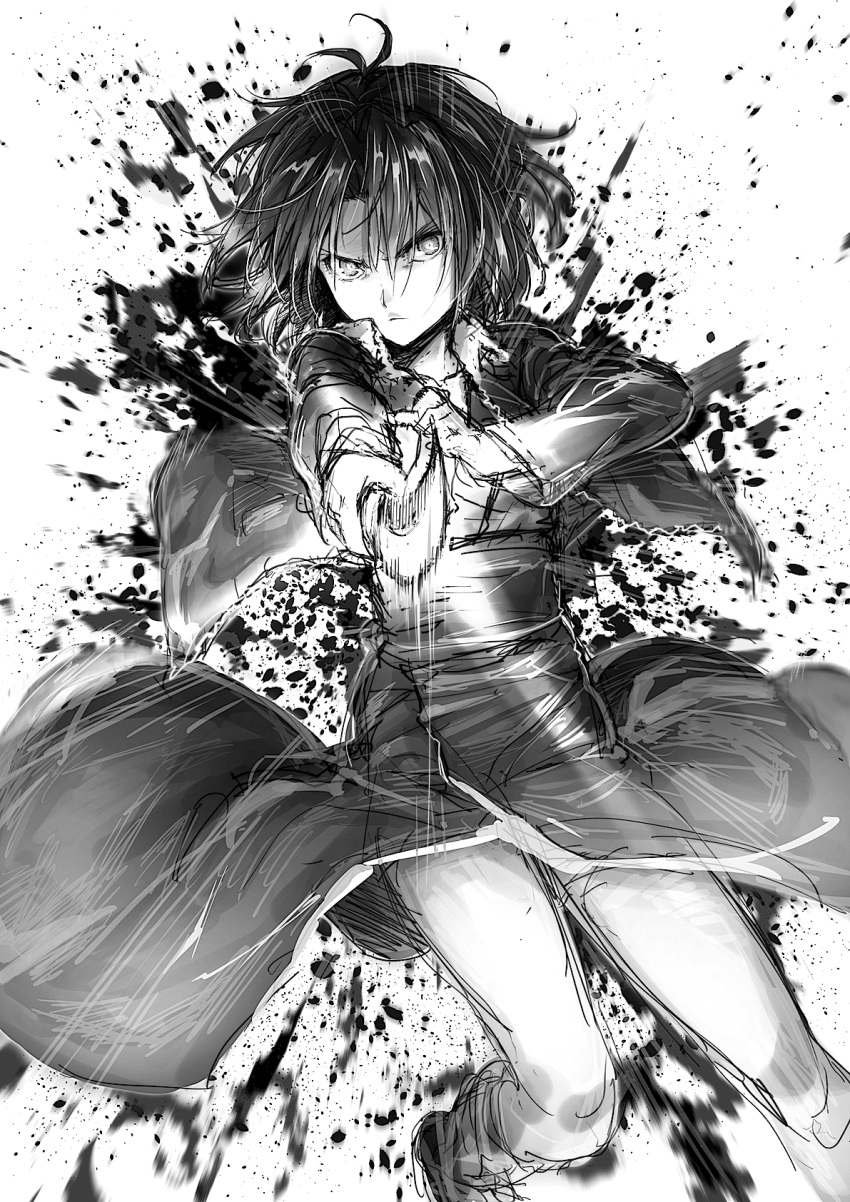&gt;:&lt; 1girl closed_mouth female highres holding holding_weapon jacket japanese_clothes kara_no_kyoukai knife looking_at_viewer messy_hair monochrome puma_(hyuma1219) ryougi_shiki sketch solo weapon white_background