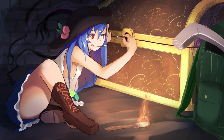 1girl :q adapted_costume ass backpack bag bare_shoulders black_hat blue_hair blue_skirt boots brown_boots cross-laced_footwear fire food fruit hat hinanawi_tenshi lace-up_boots leaf licking_lips lockpick long_hair miniskirt peach red_eyes shirt skirt sleeveless sleeveless_shirt solo tongue tongue_out touhou treasure_chest twilightrain white_shirt