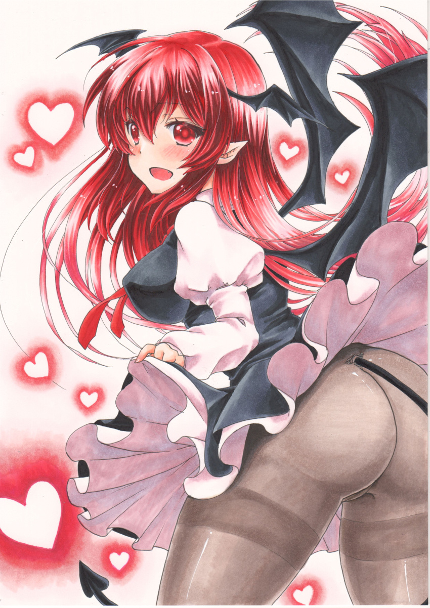 1girl absurdres ass bat_wings black_legwear black_skirt blouse blush breasts cowboy_shot demon_tail fang frilled_skirt frills from_behind from_side hair_between_eyes head_wings heart heart_background highres koakuma large_breasts leaning_forward long_hair looking_at_viewer no_panties panties panties_under_pantyhose pantyhose pointy_ears red_eyes redhead skirt skirt_lift solo tail thigh_strap thighband_pantyhose thighs touhou traditional_media underwear white_blouse wings yuuki_chima