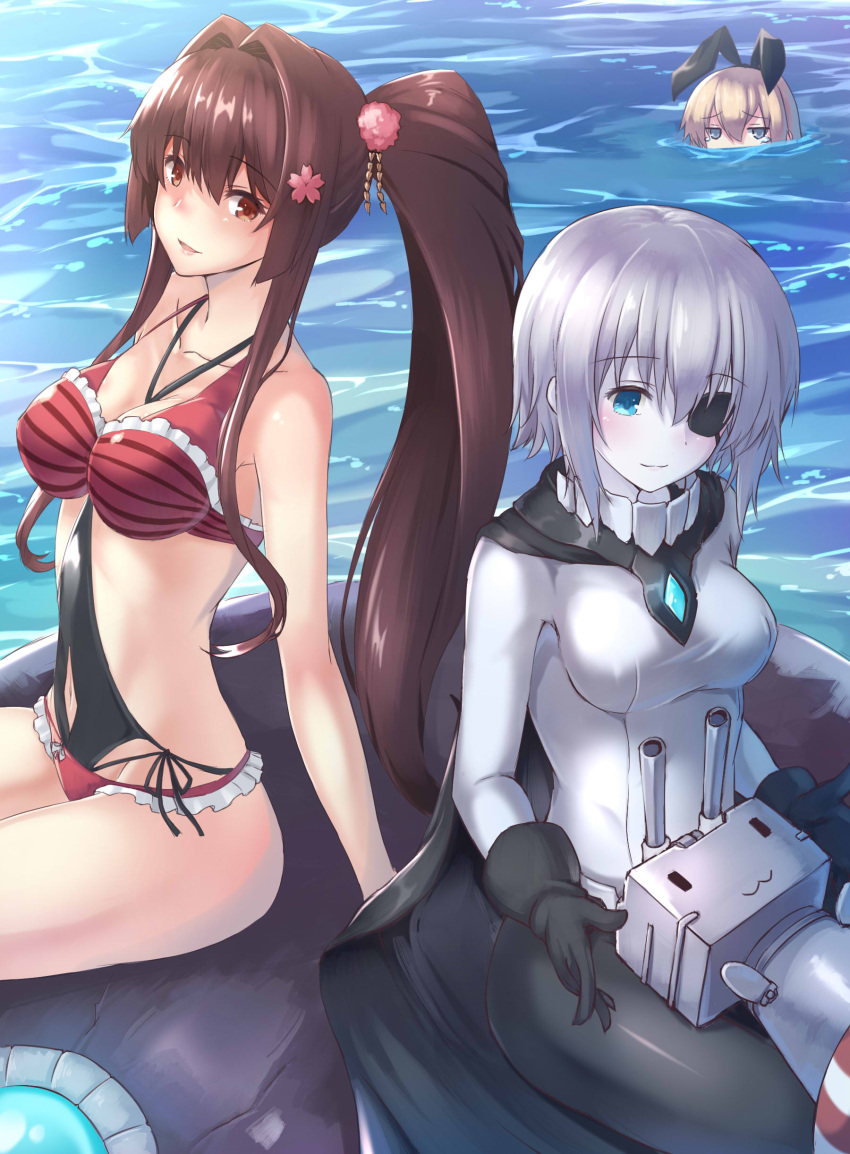 3girls :3 absurdres bare_arms bare_shoulders black_cape black_gloves black_legwear black_ribbon blonde_hair blue_eyes bodysuit breasts brown_eyes cannon cleavage closed_mouth collar eyebrows eyebrows_visible_through_hair eyepatch flower frilled_swimsuit frills gloves groin hair_flower hair_intakes hair_ornament hair_ribbon hairband headwear_removed highres horizontal_stripes jitome kantai_collection large_breasts long_hair machinery medium_breasts multiple_girls navel navel_cutout ocean on_lap one-piece_swimsuit one_eye_covered oukawa_yuu outdoors pale_skin pantyhose parted_lips partially_submerged peeking_out pink_flower pink_lips ponytail red_swimsuit rensouhou-chan ribbon shimakaze_(kantai_collection) shinkaisei-kan short_hair silver_hair sitting smile stomach striped swimsuit teardrop thighs turret very_long_hair water wo-class_aircraft_carrier yamato_(kantai_collection)